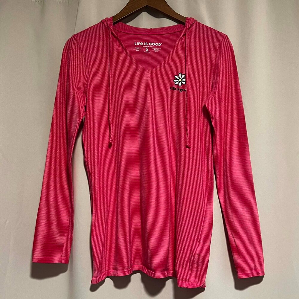 Life Is Good Crusher-Lite Striped Lightweight Hoodie-Tee Pink Size S